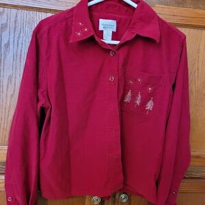 Christopher & Banks Red Kids Button Down Shirt with Embroidery Christmas